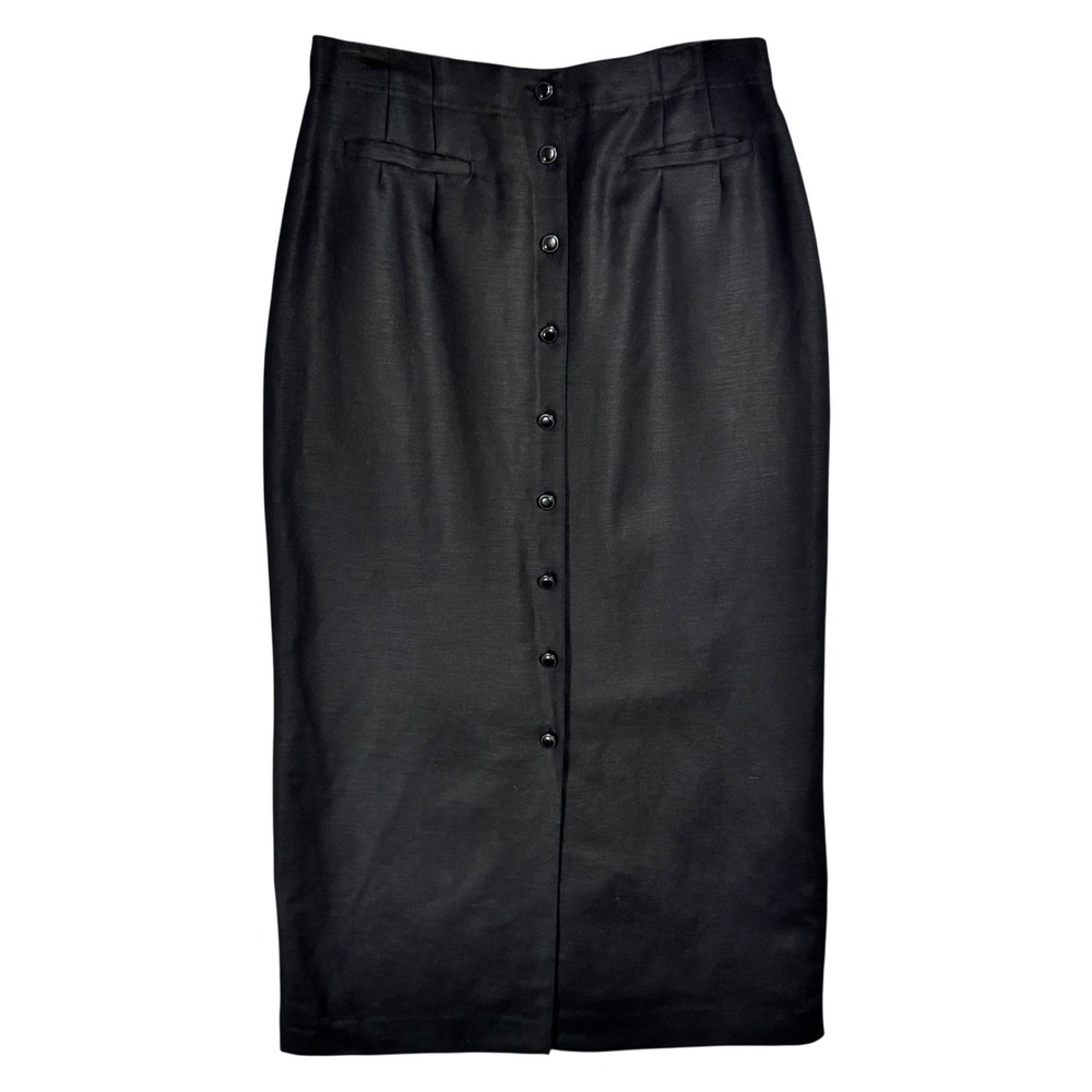 Black Linen Blend Button Front Pencil Midi Skirt Size 12 Tailored Office Y2K VTG